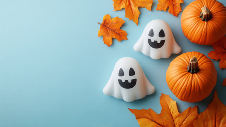A collection of carved pumpkins with cheerful faces and playful ghost ornaments creates a festive atmosphere for Halloween. Bright colors and autumn leaves enhance the seasonal spirit.の素材