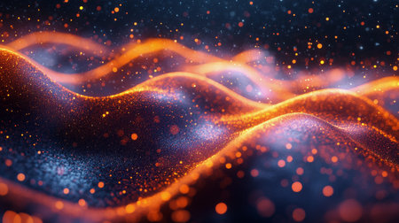 Vibrant waves of orange and blue light shimmer in the darkness, creating a magical effect with sparkling particles that evoke a sense of movement and depth.の素材