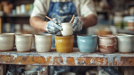An elderly artisan carefully paints intricate designs on fresh pottery in his rustic workshop, surrounded by tools and artistic creations, highlighting his dedication to traditional craftsmanship.の素材