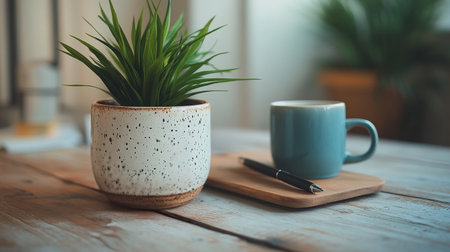 Two white cups of coffee rest on a weathered wooden table, with small potted plants nearby and sunlight filtering in through a window, creating a warm and inviting atmosphere.の素材