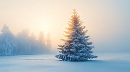 A stunning Christmas tree stands adorned with twinkling lights in a snowy forest during the nighttime. Snowflakes gently fall, adding magic to the winter landscape.の素材