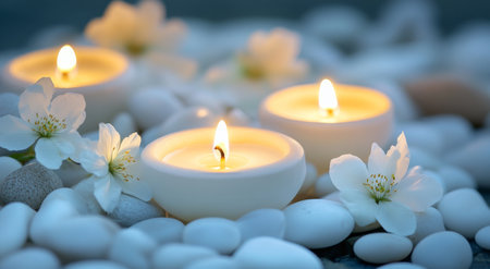 Three lit candles are arranged among smooth white pebbles and delicate white flowers, creating a tranquil and inviting atmosphere perfect for relaxation or meditation.の素材