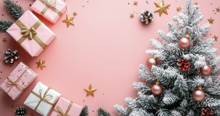 A charming holiday highlights display a small frosted Christmas tree adorned with golden ornaments, surrounded by neatly wrapped pink gifts and sparkling stars, creating a festive atmosphere perfect for the season.の素材