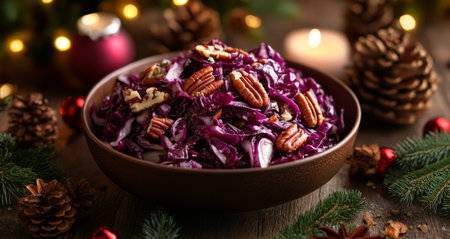A vibrant salad featuring finely shredded purple cabbage, garnished with crunchy pecans, rests in a rustic bowl. The setting reflects a cozy holiday atmosphere with decorative elements.の素材