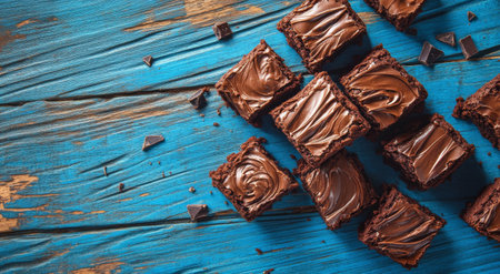 A tempting assortment of freshly baked brownies topped with smooth chocolate frosting is displayed on a vibrant blue wooden table, inviting indulgence in a delightful afternoon treat.の素材
