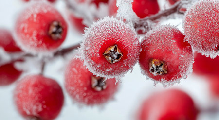 Red berries, encased in glistening frost, hang from a branch. This wintry display captures the essence of a cold morning, showing nature's beauty in a delicate freeze.の素材