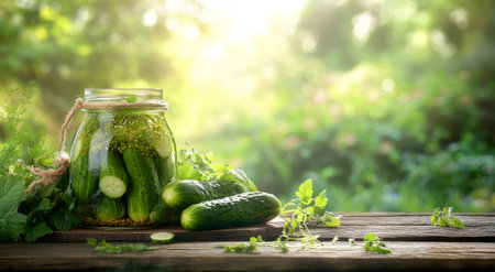 Two jars filled with sliced cucumbers and fresh herbs sit on a wooden table surrounded by whole cucumbers. Soft golden light illuminates the scene, enhancing the natural freshness.の素材