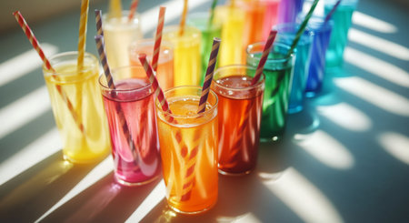 A lively collection of drinks in various shades fills clear glasses, each topped with a striped straw. The vibrant colors shine as sunlight filters through, casting playful shadows on the surface beneath.の素材