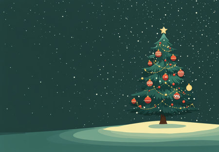 A beautifully decorated Christmas tree features colorful ornaments and lights, creating a festive atmosphere. The dark backdrop enhances the tree's vibrant colors, highlighting the joy of the holiday season.の素材