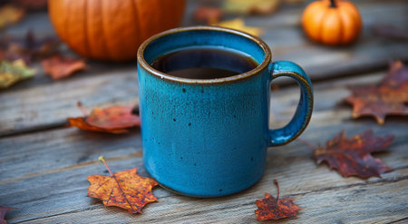 A blue mug filled with coffee rests on a textured mat, surrounded by small pumpkins and pine cones. Colorful autumn leaves scatter across the wooden surface, creating a warm and inviting atmosphere perfect for fall mornings.の素材