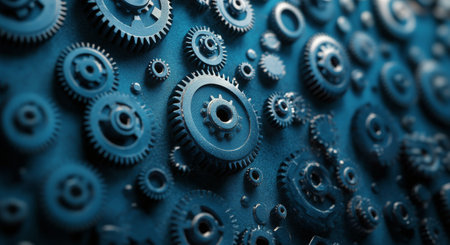 An array of metallic gears is displayed against a textured blue background, showcasing a blend of vintage and modern design elementsの素材