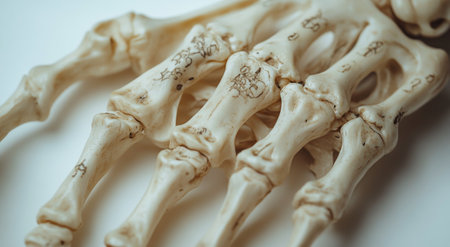 A close-up display of a human hand skeleton showcases the intricate arrangement of bones and joints. The natural light accentuates the fine details, providing insights into human anatomy and skeletal composition.の素材
