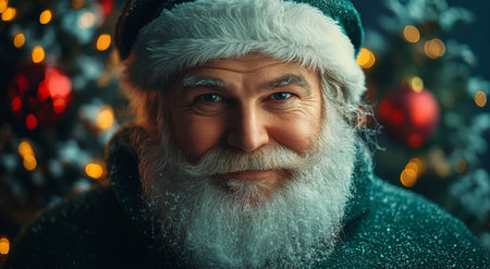 A joyful Santa Claus stands amidst a charming winter wonderland filled with holiday lights and decorations. Snowflakes gently fall around him, enhancing the festive atmosphere of the bustling market in the evening.の素材