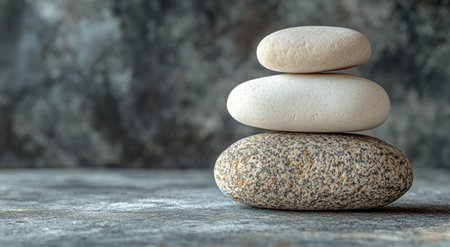 Three smooth stones are carefully stacked on top of each other, creating a sense of balance and tranquility. The earthy colors and textures blend harmoniously, with soft natural light enhancing their shapes and features.の素材