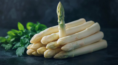 A bunch of fresh celery stalks is neatly arranged, displaying their crisp texture and vibrant green leaves. This setup highlights the vegetable's natural appeal and freshness.の素材