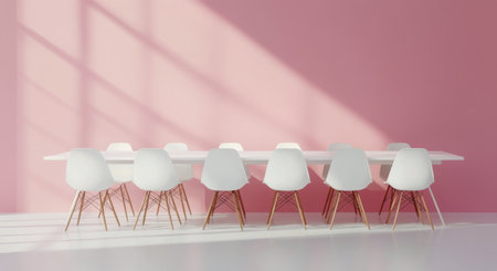 This cozy outdoor space features a minimalist round table flanked by stylish white chairs. Sunlight casts soft shadows on the pink wall, creating a serene atmosphere ideal for relaxation.の素材