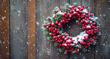 A stunning winter wreath is decorated with bright red berries and pinecones, set against a rustic wooden backdrop. Snow falls gently around the wreath, enhancing the festive atmosphere.の素材