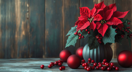 A vibrant poinsettia plant is displayed in a decorative pot, surrounded by red ornaments and berries on a rustic wooden surface, evoking a warm holiday atmosphere.の素材