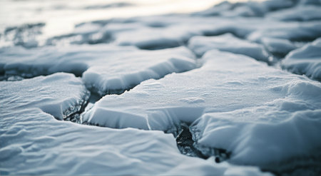 Frost covers the surface of ice, creating intricate patterns under soft daylight in a chilly winter location. The contrasting colors of blue and white highlight the crispness of the season.の素材