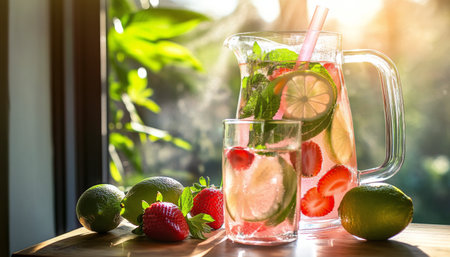 A pitcher filled with a colorful mix of strawberries, limes, and mint sits beside a glass of the same drink on a wooden tableの素材