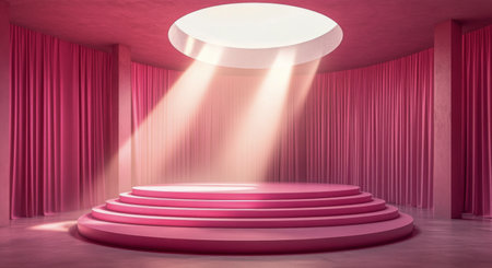 The elegant setting features a pink stage illuminated by soft light filtering through a circular ceiling opening. Draped curtains create a romantic atmosphere, perfect for events.の素材