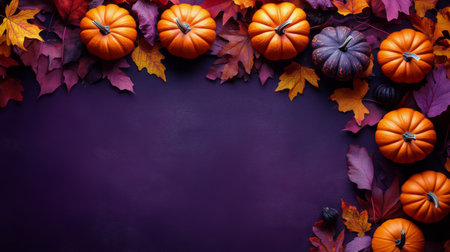 A vibrant arrangement of pumpkins and colorful fall leaves is set against a rich purple background, creating a festive atmosphere perfect for autumn celebrations and decorations.の素材