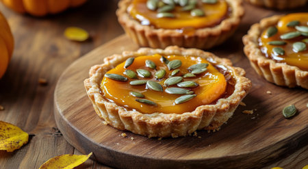 A wooden table displays delicious pumpkin tarts topped with pumpkin seeds. Autumn leaves and pumpkins create a cozy, seasonal atmosphere perfect for fall gatherings.の素材