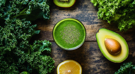 A vibrant green smoothie sits in a glass, accompanied by fresh kale, lemon slices, avocado, and kiwi on a rustic wooden table, showing healthy food choices and colorful ingredients.の素材
