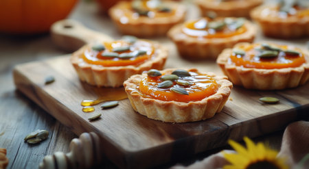 A wooden table displays delicious pumpkin tarts topped with pumpkin seeds. Autumn leaves and pumpkins create a cozy, seasonal atmosphere perfect for fall gatherings.の素材