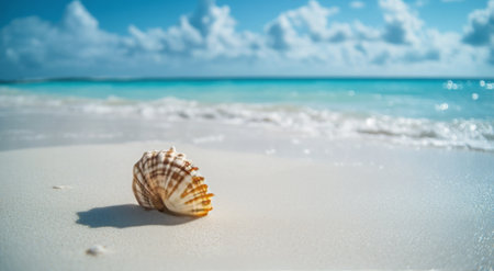 The textured seashell lies on soft white sand, with gentle waves lapping at the shore under a bright blue sky filled with fluffy clouds. A perfect spot for coastal relaxation.の素材