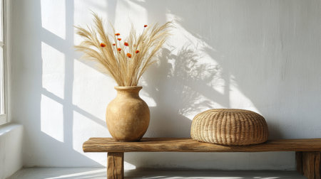 Two rustic vases filled with dried flowers and a woven basket rest on a wooden shelf against a neutral wall, creating a warm and inviting atmosphere.の素材