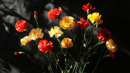 Two lush red flowers stand tall, catching gentle rays of light that highlight their petals against a dark backdrop, creating an intimate and tranquil atmosphere.の素材