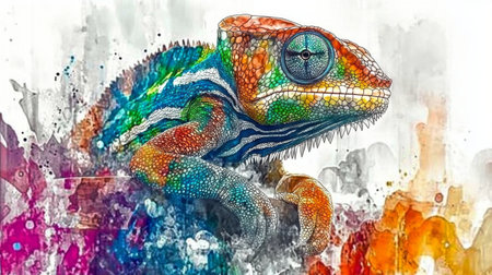 A chameleon is resting with its body displaying an array of bright colors, surrounded by a vivid and artistic splash of hues, creating an engaging and lively atmosphere.の素材