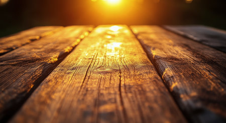 A wooden table is illuminated by warm sunset light, highlighting its texture and grain. The surrounding trees create a serene atmosphere, perfect for relaxation or gathering.の素材