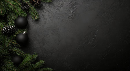 Dark surface adorned with fresh evergreen branches, pinecones, and elegant black ornaments creates a sophisticated holiday atmosphere, perfect for seasonal celebrations and decorations.の素材