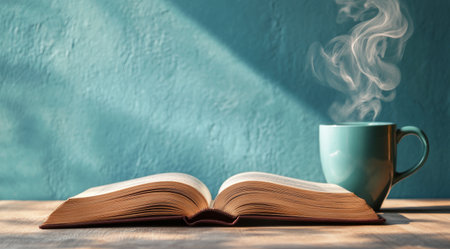 A warm cup of coffee releases steam beside an open book on a well-lit table, creating a tranquil atmosphere perfect for reading and relaxation in the morning.の素材