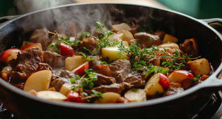 Tender pieces of beef cook alongside vibrant vegetables and fragrant herbs, creating a hearty stew. The steam rises as the mixture bubbles, filling the kitchen with appetizing aromas.の素材