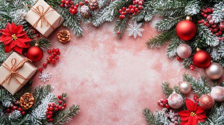 A delicately wrapped pink gift with ribbon is surrounded by sparkling ornaments and a blanket of shimmering snow, creating a festive atmosphere.の素材