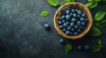 A basket filled with vibrant, fresh blueberries is surrounded by green leaves on a dark, textured background, showing the rich colors and natural beauty of the fruit.の素材