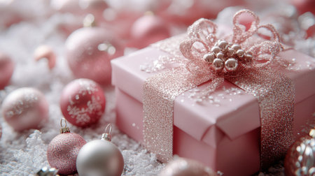 A delicately wrapped pink gift with ribbon is surrounded by sparkling ornaments and a blanket of shimmering snow, creating a festive atmosphere.の素材