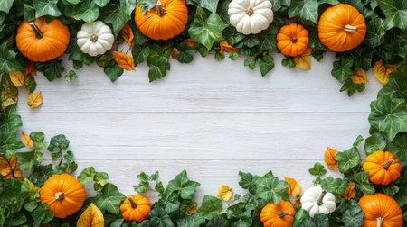 Vibrant orange and white pumpkins are artistically arranged with colorful autumn leaves on a weathered wooden table, creating a festive atmosphere for the fall season.の素材