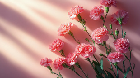 A bouquet of fresh pink carnations lies gracefully on a soft pink background, creating a serene atmosphere enhanced by gentle natural shadows.の素材