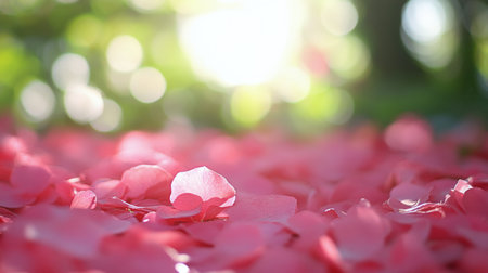 A single pink flower stands out amid a crowd of orange and yellow petals scattered across a garden. The soft colors create a tranquil and inviting atmosphere.の素材