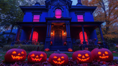 The black gothic house glows with warm light, revealing carved jack-o'-lanterns in the garden. Vibrant autumn leaves cover the ground, creating an eerie fall atmosphere on Halloween night.の素材