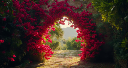 A beautiful arch of vibrant pink bougainvillea flowers frames a serene stone pathway leading into a lush gardenの素材