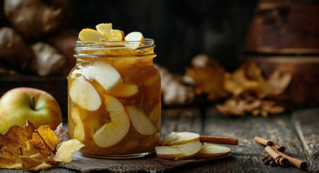 A jar filled with spiced apple preserves sits on a rustic wooden table, surrounded by fresh apple slices and autumn leaves, capturing the essence of fall flavors and warmth.の素材