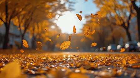 Golden leaves gracefully fall from the trees, creating a vibrant carpet on the ground while a gentle breeze flows down a peaceful street, capturing the essence of autumn.の素材