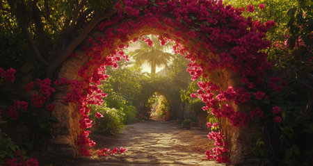 A beautiful arch of vibrant pink bougainvillea flowers frames a serene stone pathway leading into a lush gardenの素材