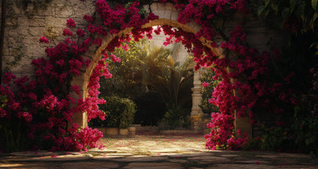 A beautiful arch of vibrant pink bougainvillea flowers frames a serene stone pathway leading into a lush gardenの素材
