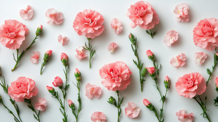 Soft pink carnations are artistically arranged alongside scattered petals, creating a fresh and vibrant floral display ideal for celebrations or decor.の素材